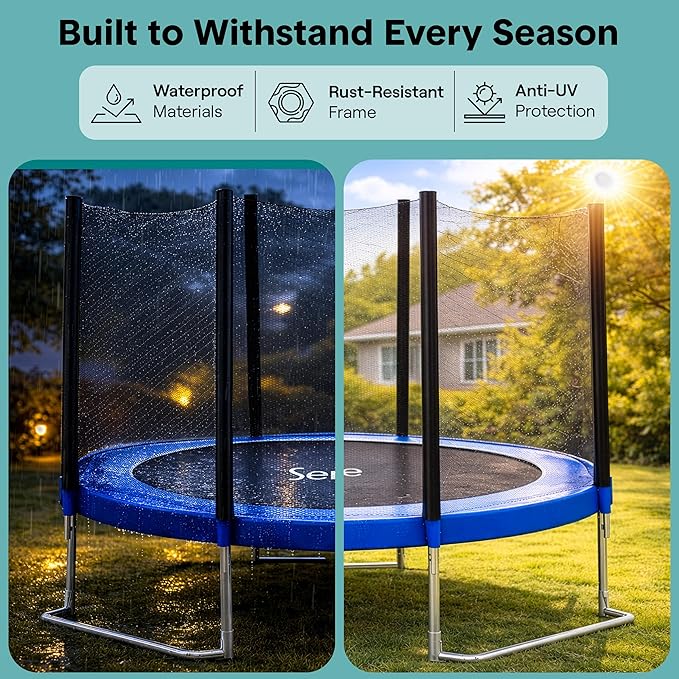 SereneLife Trampoline Outdoor 8FT 10FT 12FT 14FT with Enclosure Net, Ladder and Anti-Rust Coating - ASTM Approved Recreational Trampolines - Heavy Duty Yard Trampolines for Kids and Adults