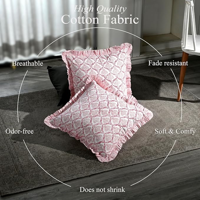 CPC Blush Rose Hand Block Print 100% Cotton Ruffle Throw Pillow Cover 18x18 inch with Hidden Zipper Decorative for Couch, Bed, Sofa, Farmhouse, Cottagecore Decor Gift Christmas Fall Thanksgiving