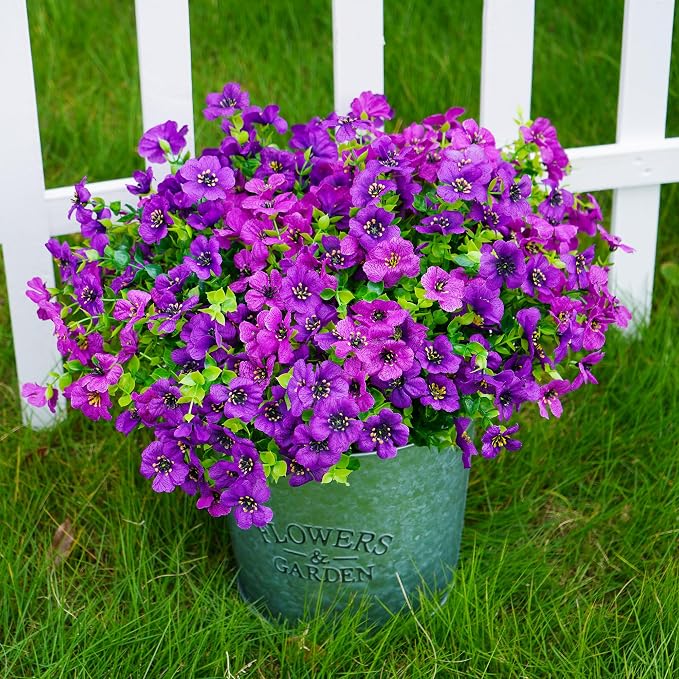 Artificial Faux Flowers Plants for Outdoors Outside Spring Summer Decoration,12 Bundles Realistic Fake Flowers Plant Greenery Silk Daisy UV Resistant Planters Porch Patio Garden Home (Double Purple)