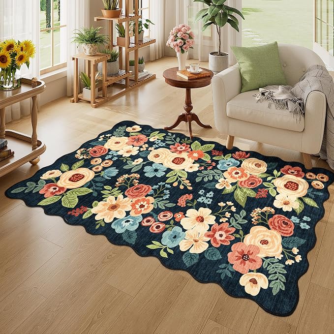 DUKINO 3x5 Area Rugs, Non Slip Floral Washable Rug for Bedroom, Navy Blue | Soft, Low Pile, Non-Shedding Throw Rugs for Living Room, Entryway, Kitchen, Kids Room, Pet Friendly, Home Decor, Lightweight