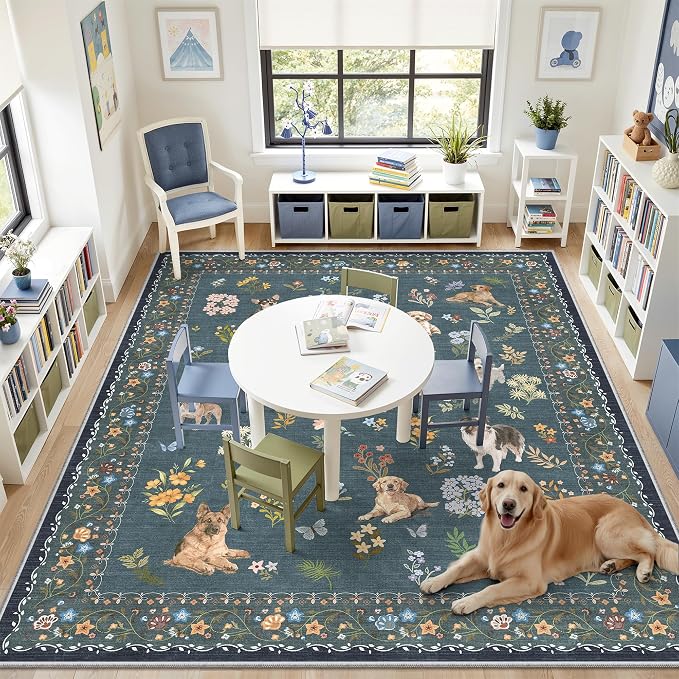 Soalmost Dog 9x12 Area Rugs for Living Room, Washable Soft Rug Navy Blue | Floral Vintage Non-Slip Low Pile Cute Animal Throw Large Rugs for Classroom Bedroom Dining Room Nursery Playroom 9' x 12'