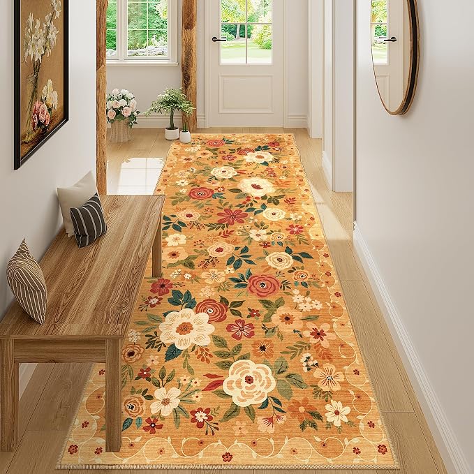 DUKINO 3x8 Kitchen Runner Rug, Washable Rug for Hallway Non Slip, Orange | Soft, Low Pile, Floral Indoor Carpet Runner for Hallway, Entryway, Bedroom, Bathroom, Laundry, Pet Friendly, Home Decor