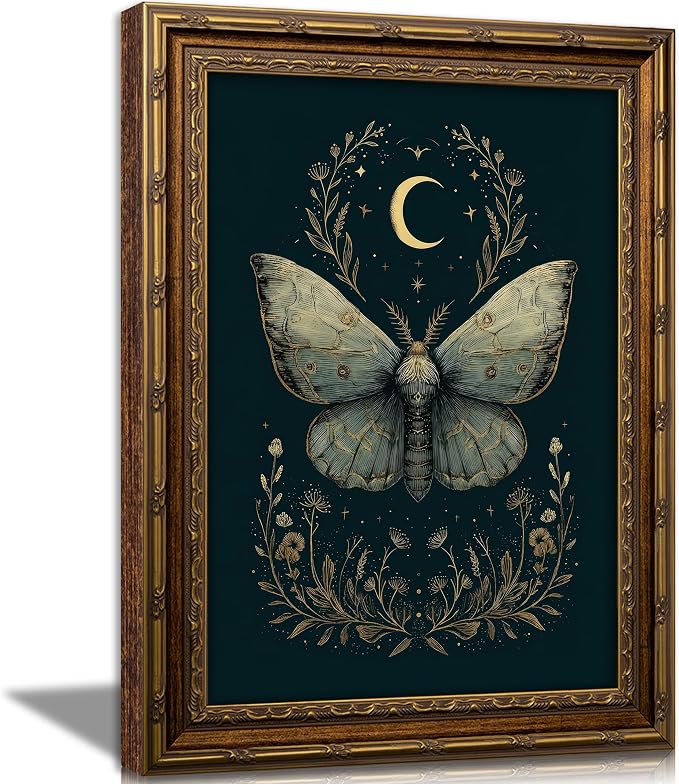 Vintage Gold Framed Celestial Moth Crescent Moon Wall Art Gothic Moody Ethereal Butterfly Picture Wall Decor Dark Botanical Insect Picture Canvas Print Mystical Witchy Poster Artwork for Living Room