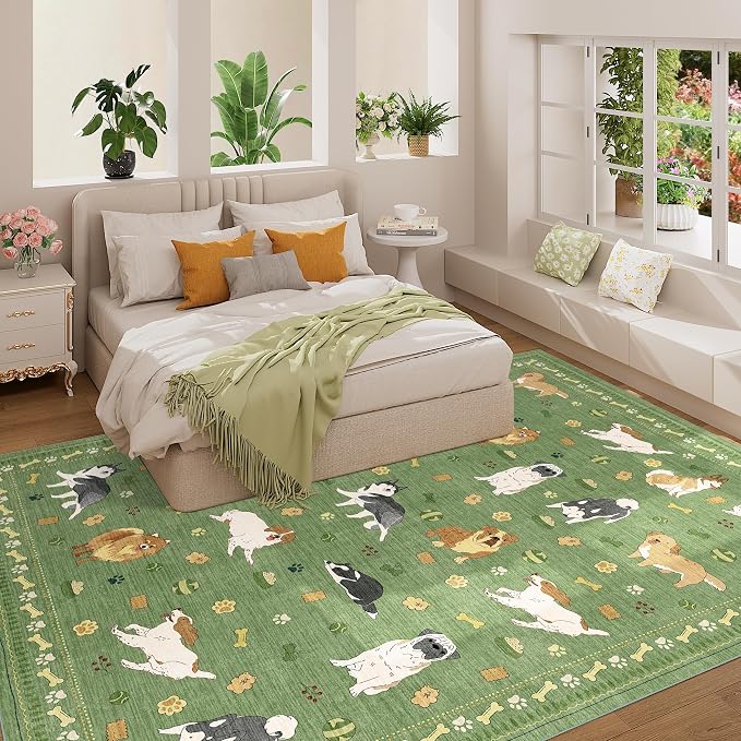 DUKINO 8x10 Area Rug, Washable Dog Rugs for Living Room Soft, Green | Non Slip, Low Pile, Non-Shedding, Stain Resistant Animal Carpet for Bedroom Dining Room Nursery Farmhouse, Pet & Kid Friendly