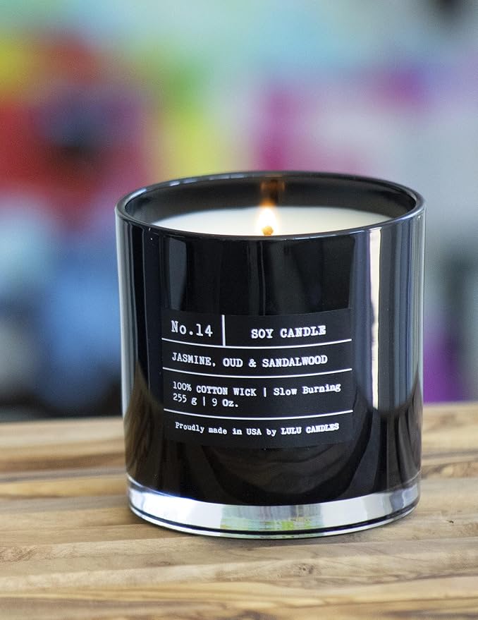 Lulu Candles | Leather & Tibetan Oud | Luxury Scented Soy Jar Candle | Hand Poured in The USA | Highly Scented & Long Lasting- 9 Oz.