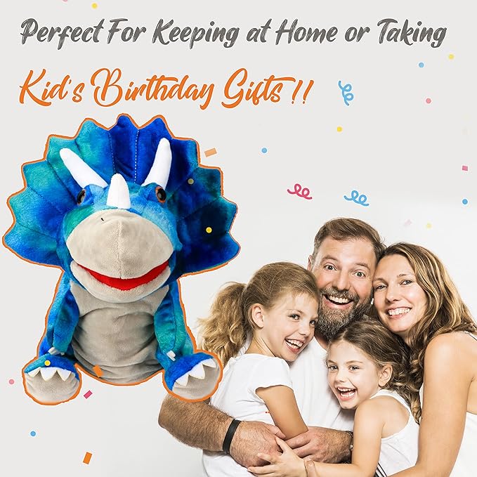 Cuteoy Plush Triceratops Hand Puppet Stuffed Animal Toy Open Movable Mouth Creative Role Play Storytelling Dinosaur Plushies Gifts for Kids Toddlers Birthday Christmas