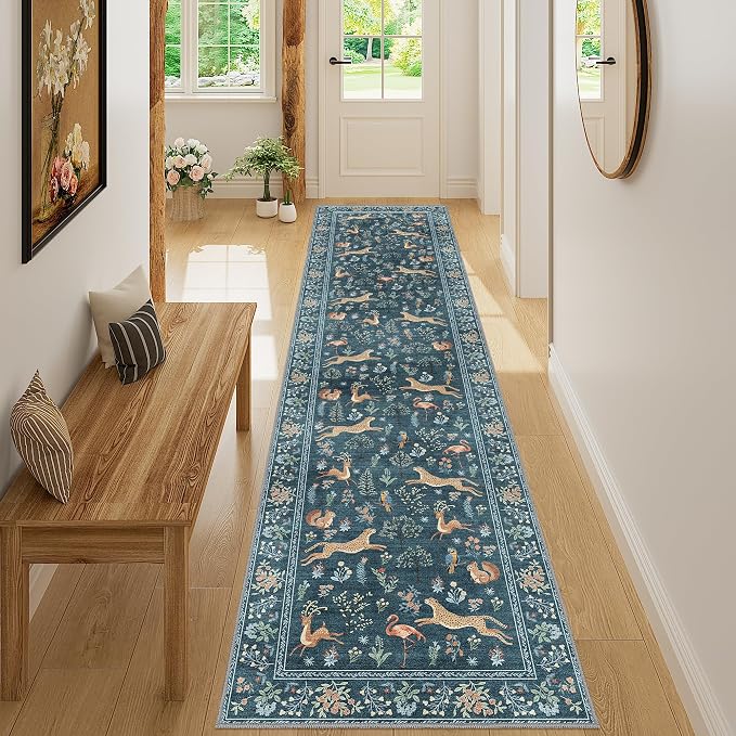 DUKINO 2x8 Washable Runner Rug, Non Slip Animal Kitchen Runner Rug, Blue | Soft, Low Pile, Non-Shedding Indoor Carpet Runner for Hallway, Entryway, Bedroom, Bathroom, Pet Friendly, Stain Resistant