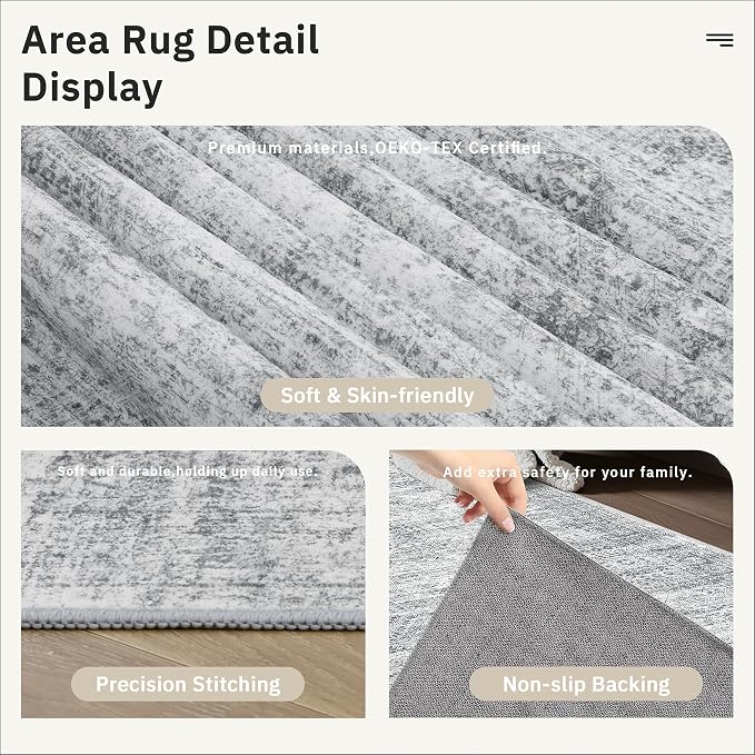 Soalmost Runner Rug 2x8 Washable Non-Slip Hallway Kitchen Runners Grey | Stain Resistant Vintage Rugs for Bathroom Laundry Room, Low Pile Foldable Floor Carpet Mat for Entryway Corridor Bedroom