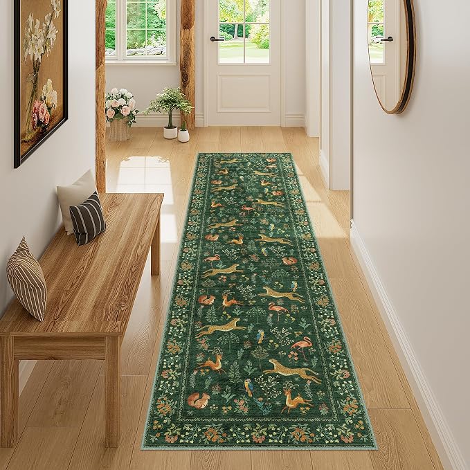 DUKINO 2x7 Runner Rug for Hallway, Washable Kitchen Rugs Non Slip, Green | Low Pile, Stain Resistant, Animal Indoor Carpet Runner for Hallway, Entryway, Bedroom, Bathroom, Lightweight, Pet Friendly