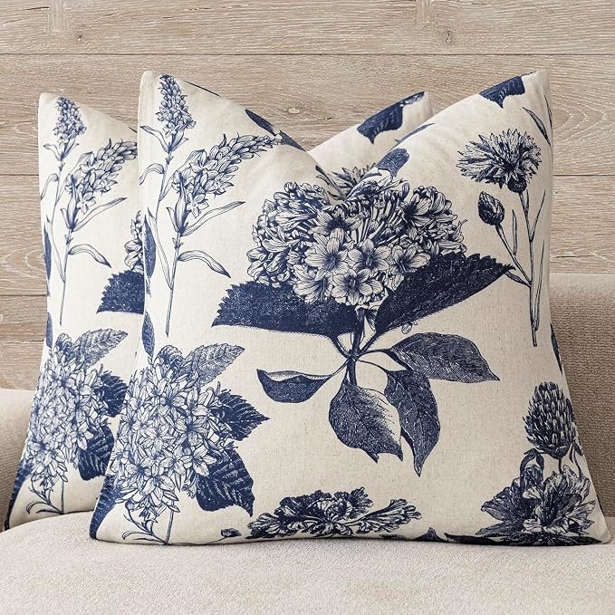 Foindtower Set of 2 Linen Floral Vintage Throw Pillow Covers Neutral Accent Print Decorative Cozy Cushion Covers Farmhouse Boho Home Decor for Sofa Chair Couch Bed Living Room,18×18 Inch,Navy Blue