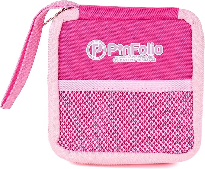 PinFolio Mini Show Pin Display Bag, Lightweight & Compact Mini Sports Pin Book with Carry Strap for Easy Trading Up to 48 1-Inch Enamel Pins (Pink & Light Pink)