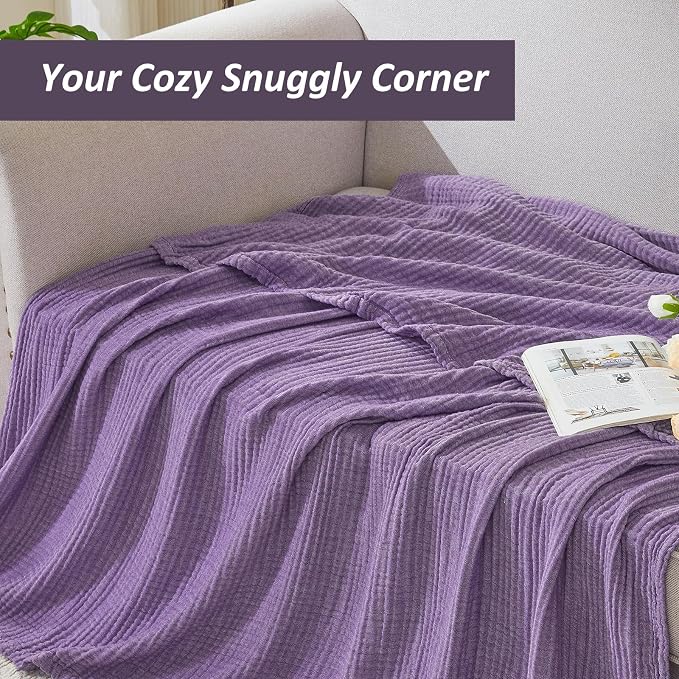 EMME Cotton Muslin Queen Blanket Bed Layering Bedspread Coverlet Breathable Gauze Soft Lightweight Adults (Heather Purple, 90"x90")
