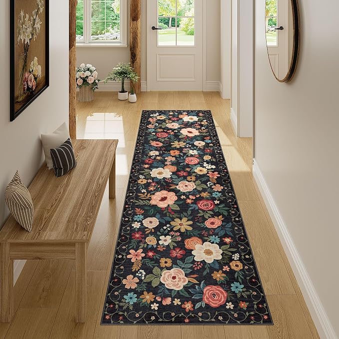 DUKINO 2x7 Runner Rug for Hallway, Washable Runner Rug Non Slip, Black | Low Pile, Soft Indoor Carpet Runner for Kitchen, Bedroom, Bathroom, Entryway, Laundry, Pet Friendly, Home Decor, Lightweight