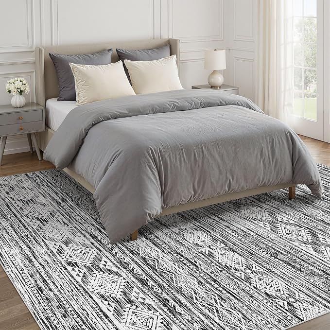 Nakagishi Boho 4x6 Area Rug Living Room Rugs Machine Washable Black White | Soft, Pet & Kid Friendly, Carpet for Living Room/Bedroom/Office/Kitchen/Nursery, Daily Home Decor Stain Resistant Moroccan
