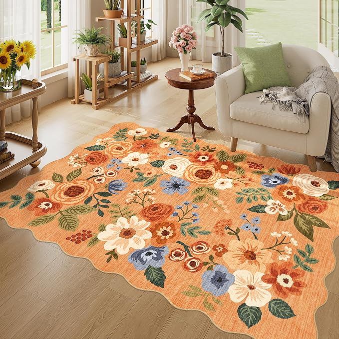 DUKINO 4x6 Area Rug, Non Slip Floral Washable Rug for Living Room, Orange | Low Pile, Stain Resistant, Soft Throw Rugs for Bedroom, Office, Dining Room, Nursery, Pet Friendly, Home Decor, Lightweight