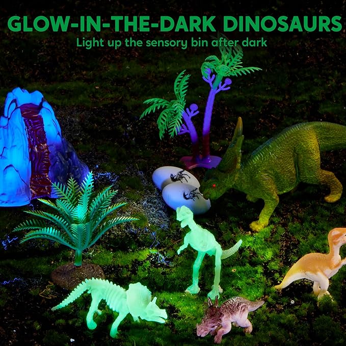 JOVA Klever Kits Dinosaurs Sensory Bin Toys for Toddlers with Glow in The Dark Dinosaurs, Sandbox with Lid Sand, Preschool Learning Activities Gifts for Boys Girls Age 3+