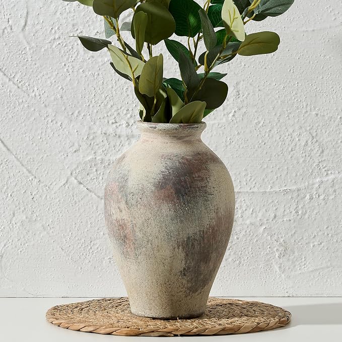 SIDUCAL Ceramic Vintage Flower Vase | 9 Inch Large Pottery Rustic Farmhouse Boho Vase for Home Decor, Table, Living Room, Bathroom, Coffee Desk, Shelf, Mantel Decoration, Wedding, Terra