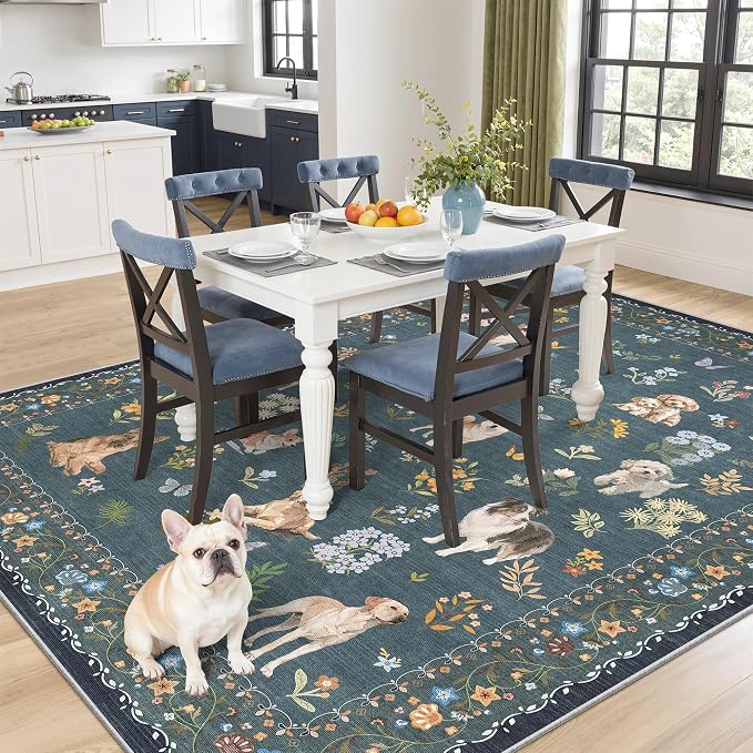 Soalmost Dog 6x9 Area Rugs for Living Room, Washable Soft Rug Navy Blue | Floral Vintage Non-Slip Low Pile Cute Animal Throw Rugs for Kitchen Dining Room Bedroom Nursery Playroom 6' x 9'