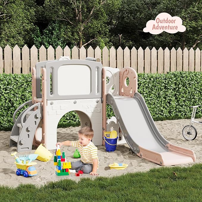 Garvee 8-in-1 Toddler Slide Indoor & Outdoor Playground Playset for Kids-Includes Climber, Basketball Hoop, Telescope, Tunnel, and Storage Space for Backyard & Courtyard Fun