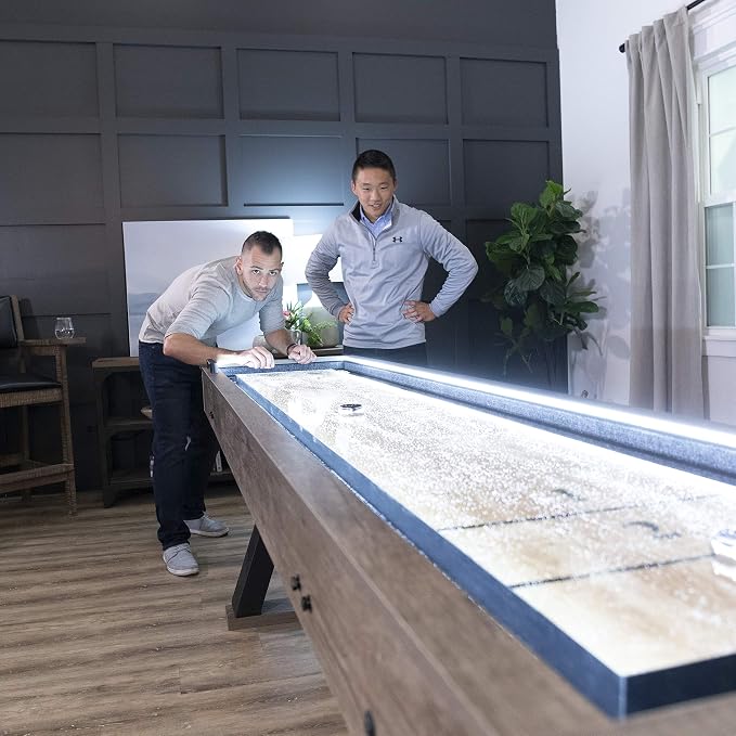 American Legend Kirkwood 9’ Shuffleboard Table with LED Rails, Bowling Game Set, Rustic Wood Finish & Accessories Included