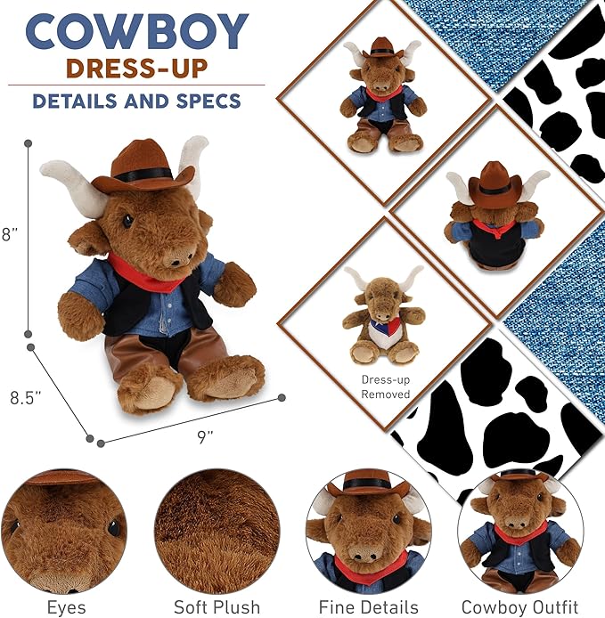 DolliBu Texas Longhorn Stuffed Animal Cowboy Plush with Name Personalization - Western-Themed Longhorn Plush with Cute Cowboy Costume Denim Shirt Vest, Bandana, Leather Pants, and Hat - 9 Inches