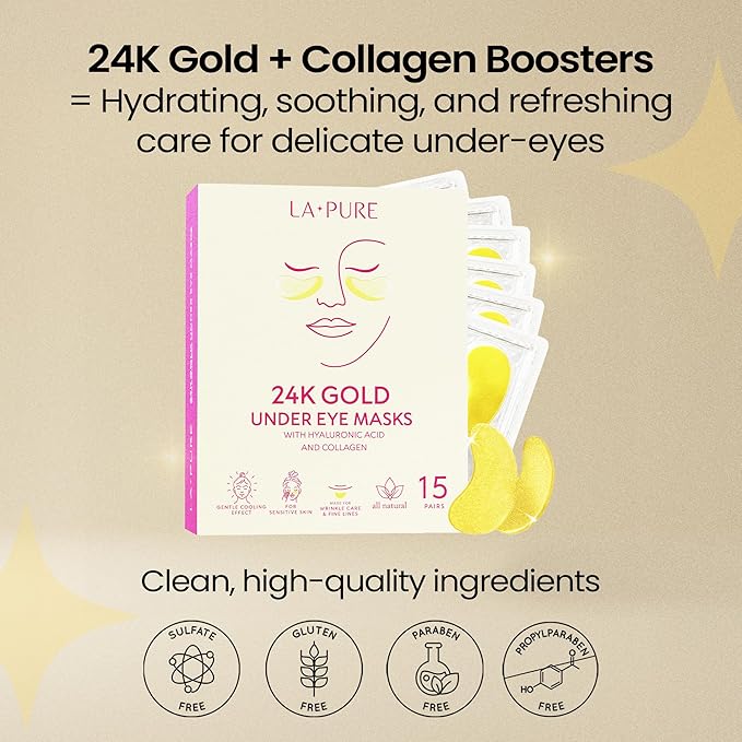 LA PURE 24k Gold Under Eye Mask for Dark Circles and Puffiness, Revitalizing & Non-Irritating Anti Aging Eye Patches with Hyaluronic Acid & Collagen - Dermatologically Tested - 15 Pairs Eye Gel Pads