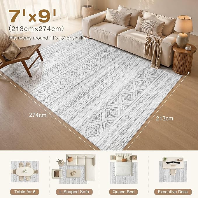 cotiled 7x9 Area Rugs Living Room Rug: Washable Boho Rugs with Non Slip Backing Large Soft Indoor Stain Resistant Carpet for Bedroom Farmhouse Dining Room Lightweight Home Decor Light Grey