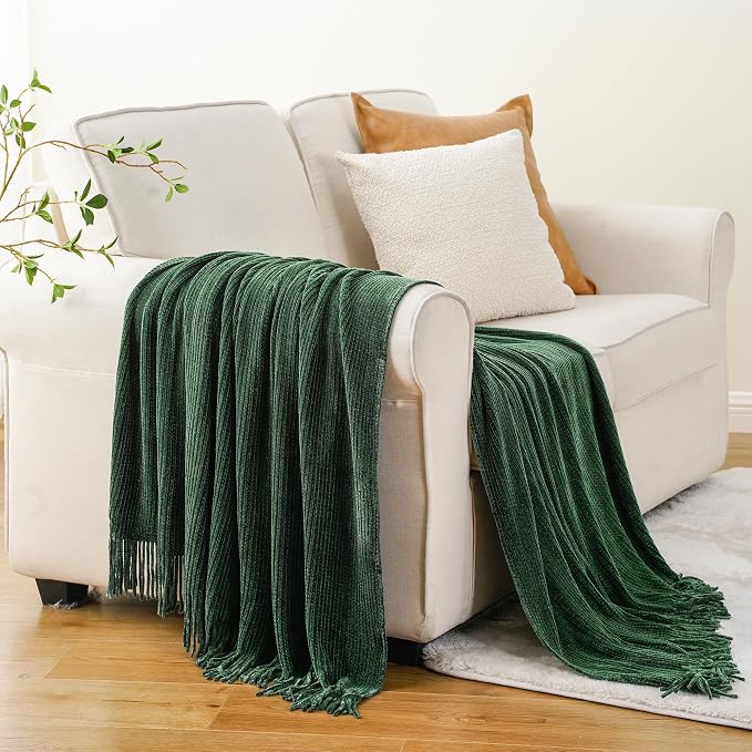 BATTILO HOME Dark Green Throw Blanket for Couch, 50"x60" | Soft Chenille Knit Throws with Tassels for Home Decor, Spring Green Throws for Couch Cover