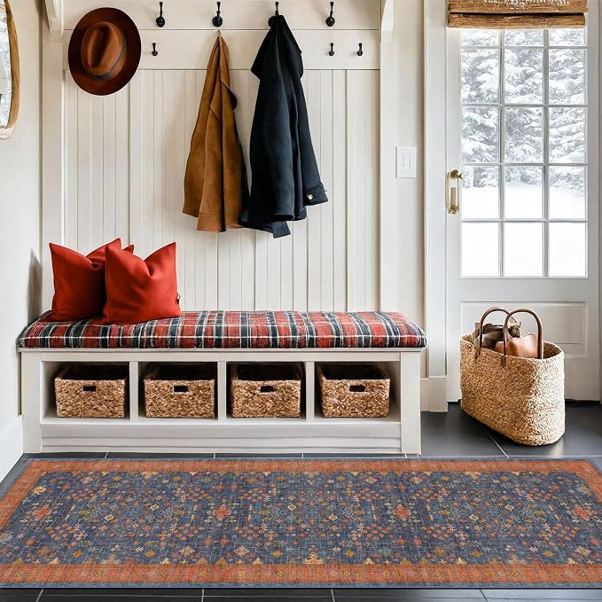 Hazo Haus Navy Blue Runner Rug 2x6 for Kitchen, Hallway, Mudroom, Laundry Room, Bathroom, Washable Non Slip Non Skid Rubber Backing Low Pile Stain Resistance