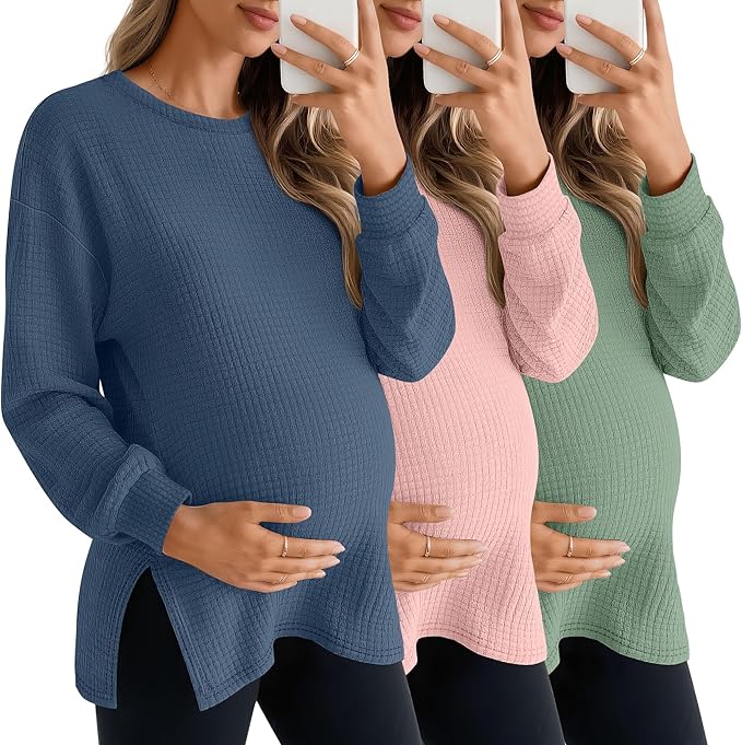 3 Pack Women's Maternity Shirts Long Sleeve Waffle Knit Side Split Oversized Tops Pregnancy Clothes Fall Tees