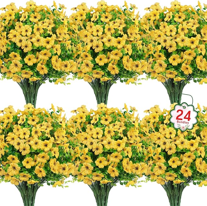 Ouddy Decor 24 Pcs Artificial Flowers for Outdoors Decorations, Yellow | Lifelike silk flowers, UV resistant, faux plastic plants, for garden porch window table vase home indoor outdoor decor