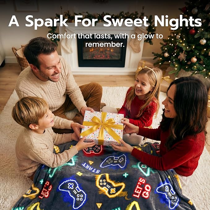 Joiedomi Glow in The Dark Gaming Blanket Gamer Gifts for Boys Age 2 3 4 5 6 7 8 9 10 11 12 Year Old, Soft Cozy Flannel Kids Throw Blanket, Birthday Bedroom Decor Grey 50"×60"
