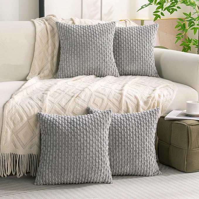 Set of 4 Grey Decorative Throw Pillow Covers 22x22 Inch Corduroy Pillow Covers for Bed Couch Sofa Living Room Soft Square Cushion Cases