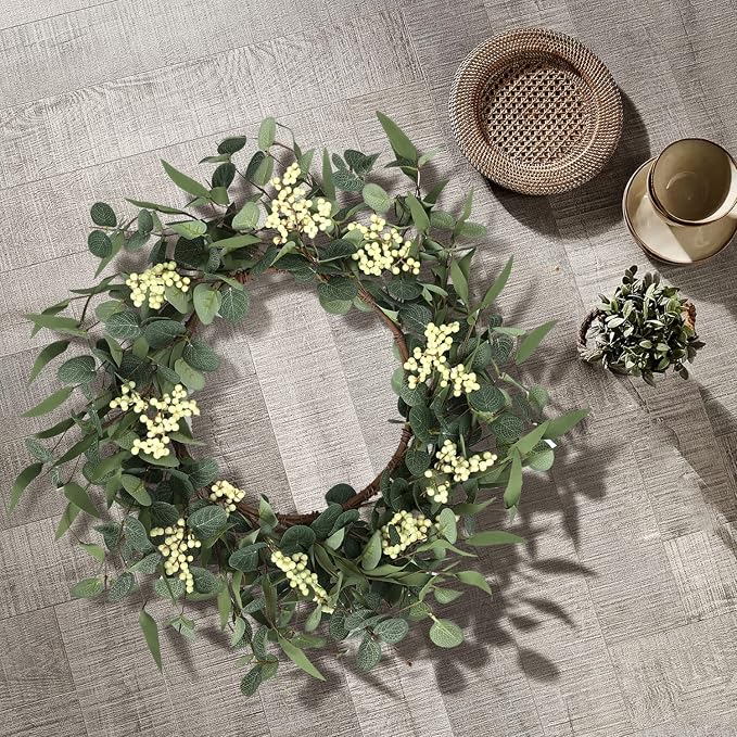Pinkpum 20'' Eucalyptus Wreath for Front Door, Porch, Window - Green Decor for Home, Farmhouse - Spring, Summer, Fall, All Seasons