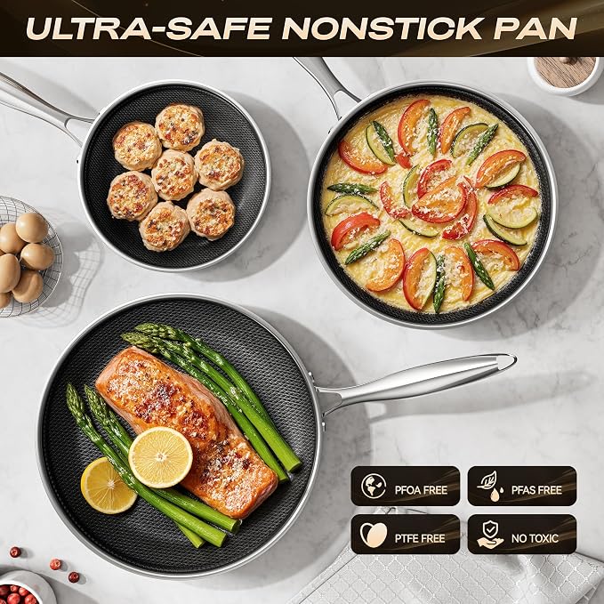 Hybrid Nonstick 8-Inch Frying Pan,Non Stick Frying Pan,PFAS PFOA PTFE Free,Stay-Cool Handle, Dishwasher-Friendly, Oven-Safe Up to 600°F, Induction Ready, Compatible with All Cooktops