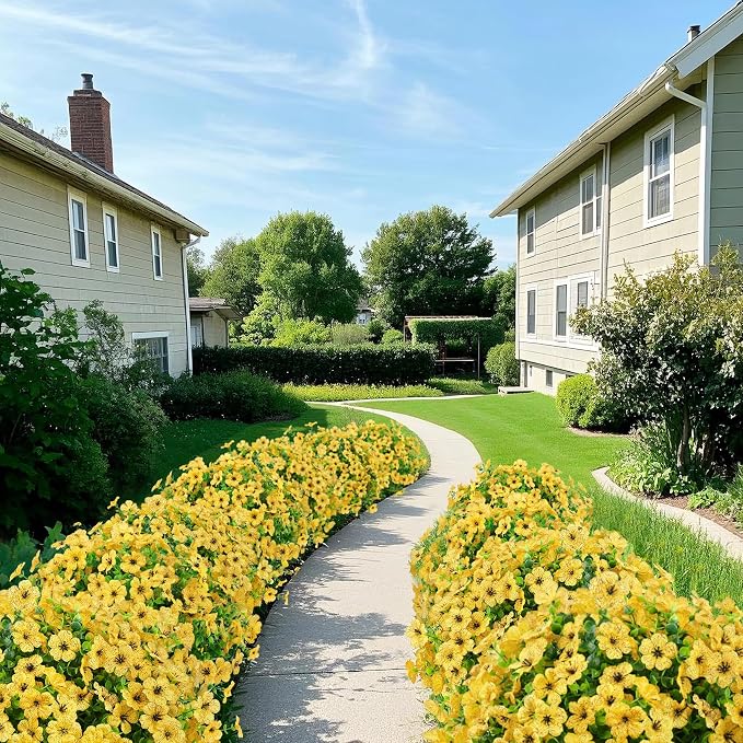 Ouddy Decor 12 Pcs Artificial Flowers for Outdoors Decorations, Yellow | Lifelike silk flowers, UV resistant, faux plastic plants, for garden porch window table vase home indoor outdoor decor