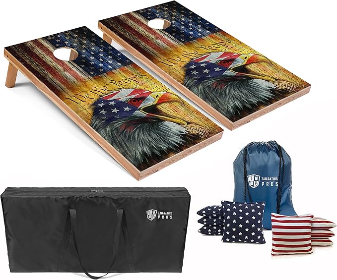 Tailgating Pros American Themed Lightweight Corn Hole Board Set w/Multicolored LED Rings, Bean, Bags, and Carrying Case - 4'x2' Cornhole Toss