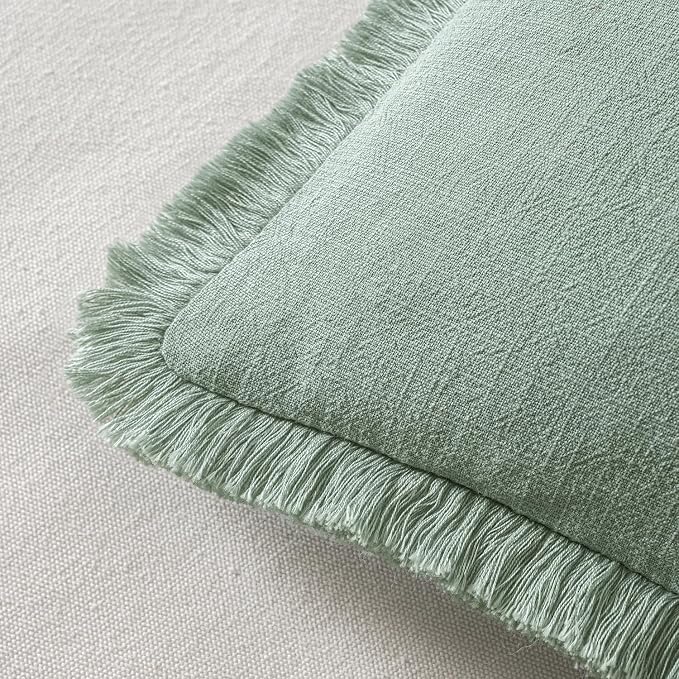 MIULEE Boho Linen Fringe Decorative Throw Pillow Covers Aqua Green 18x18 | Set of 2, Cottagecore Decor, Boho Farmhouse Neutral Pillow Covers, Rustic Couch Cushion Cases for Sofa Bed Living Room