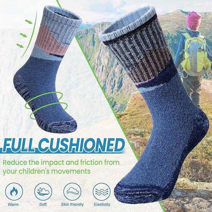 WEVIAS Kids Merino Wool Hiking Socks Boys Thermal Winter Cozy Boot Warm Cushion Socks 6 Pairs
