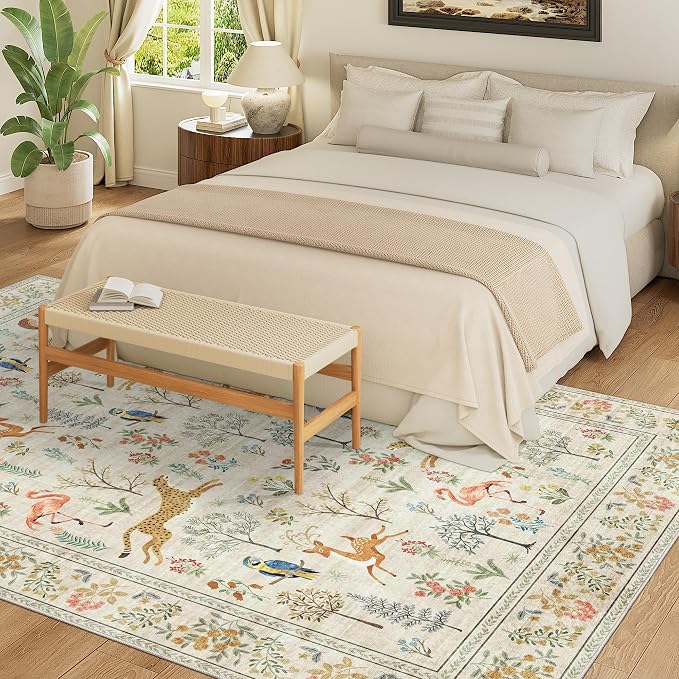 DUKINO 9x12 Area Rug for Living Room, Washable Animal Rug Non Slip, Beige | Low Pile, Non-Shedding, Soft Indoor Large Carpet for Bedroom, Dining Room, Kids PlayRoom,Nursery, Farmhourse, Pet Friendly
