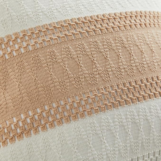 2pk Boho Pillow Covers 24x24, Natural White/Contrast/Beige | 100% Organic Cotton Body, Stripe Embroidery, Farmhouse Decorative Cushion Covers for Sofa Bed Living Room Home Decor