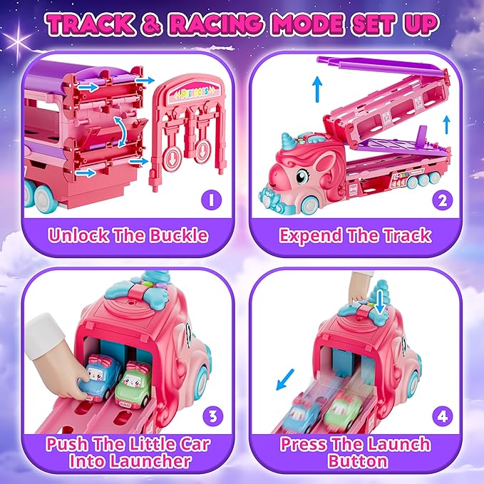 Unicorn Car Toys for 1-3 Girls, Unicorn Transport Truck Track Set W/Light & Sound, Friction Power Toy Cars W/ 6 Princess Cars, Foldable Track & Race Mode, Birthday Gift Idea for 2-4 5 6+ Toddler Kids.