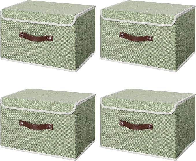 ANMINY Fabric Storage Box Bins with Lids, Green, 13"x9"x7.9", 4 Pack | Keepsake Memory Storage, Cotton Linen, PP Board Reinforced, Washable, PU Handles, Foldable & Stackable, Decorative, Medium