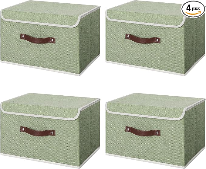 ANMINY Fabric Storage Box Bins with Lids, Green, 15"x10"x10", 4 Pack | Keepsake Memory Storage, Cotton Linen, PP Board Reinforced, Washable, PU Handles, Foldable & Stackable, Decorative, Large