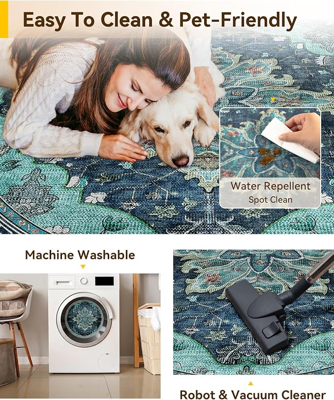 RELEANY Area Rugs Round 10ft Washable Non-Slip, Floral Vintage Distress Medallion Carpet for Living Room Bedroom Dining Room, Teal Green Lake Blue Turquoise