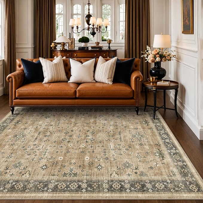 Hazo Haus Vintage Desert 5x8 Living Room Area Rug - Washable Taupe Sage Dining Room Under Kitchen Table, Low Pile Non-Slip Rugs for Bathroom, Boho Earthy Geometric Decor & Stain Resistance