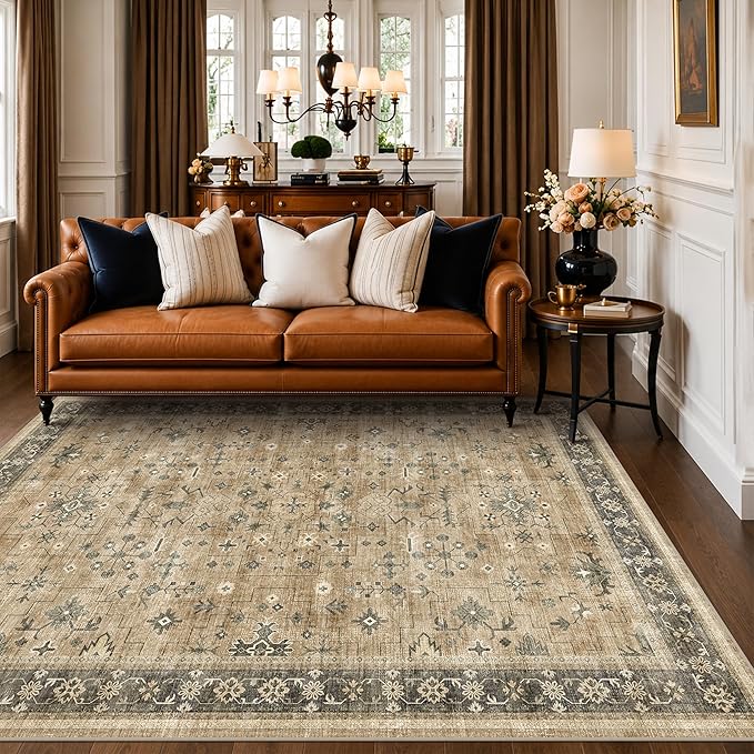Traditional Washable 6x8 Area Rug for Living Room, Vintage Boho Dining Room Rugs for Under Table, Lightweight Foldable Low Pile Soft Carpet, Earthy Taupe & Sage Floral Design