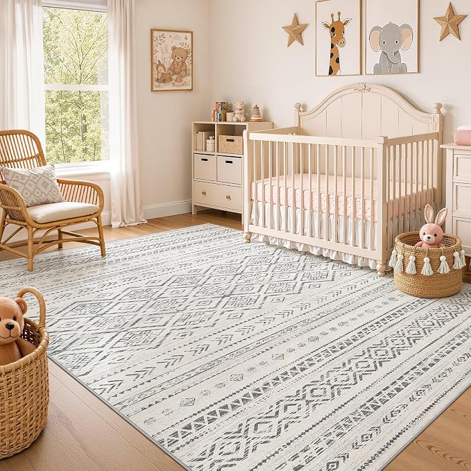Nakagishi Area Rug Living Room Rugs: 9x12 Large Soft Machine Washable Boho Moroccan FarmNeutral Stain Resistant Indoor Floor Carpet for Bedroom Under Dining Table Home Office Decor-Grey