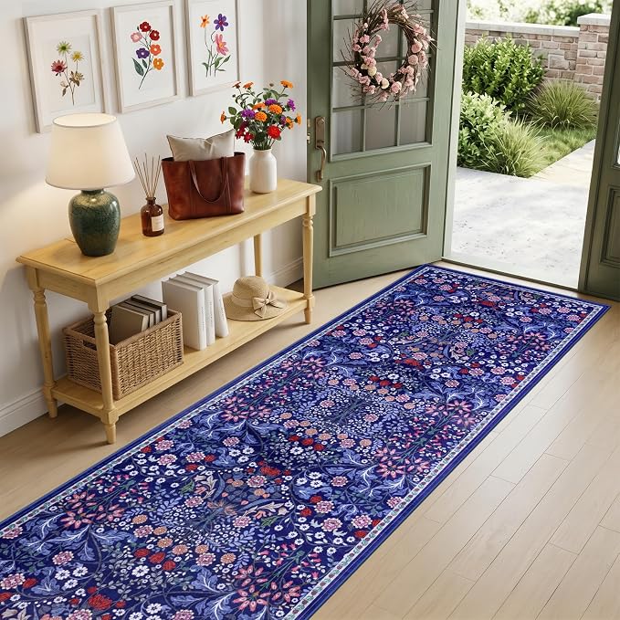 Runner Rug for Entryway: 3x10 Kitchen Rugs Non Slip Washable Ultra-Thin Soft Floral Carpet Indoor Floor Stain Resistant Carpets for Hallway Bedroom Kitchen Laundry Bathroom Dorm Blue