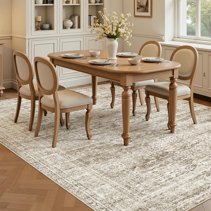 Soalmost 6x9 Area Rug for Living Room Washable Rugs Non-Slip Brown | Low-Pile Vintage Carpet for Dining Bedroom, Foldable Thin Stain Resistant Floor Mat Under Table Home Office Nursery Decor